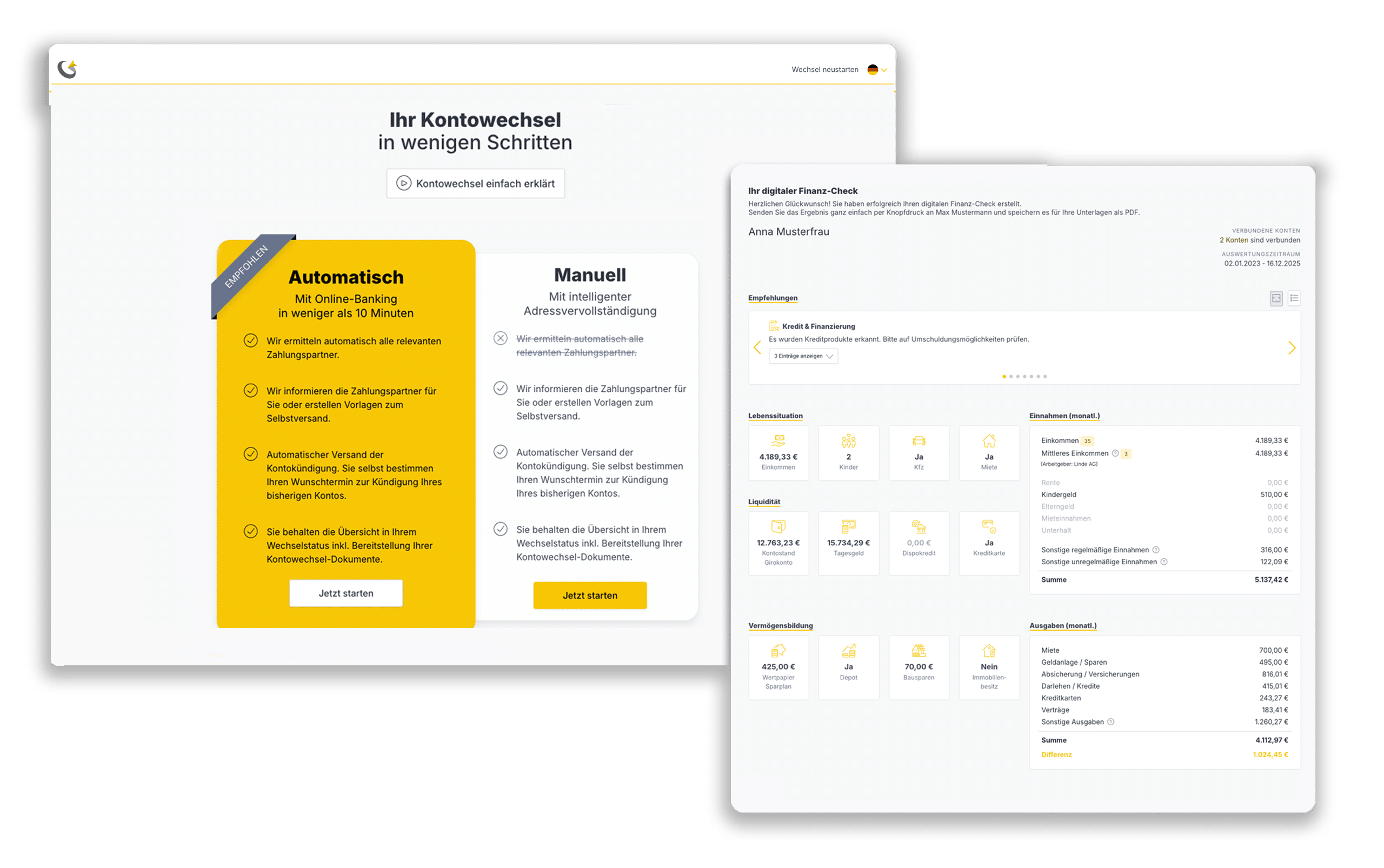 fino-Cockpit und kontowechsel-Screen